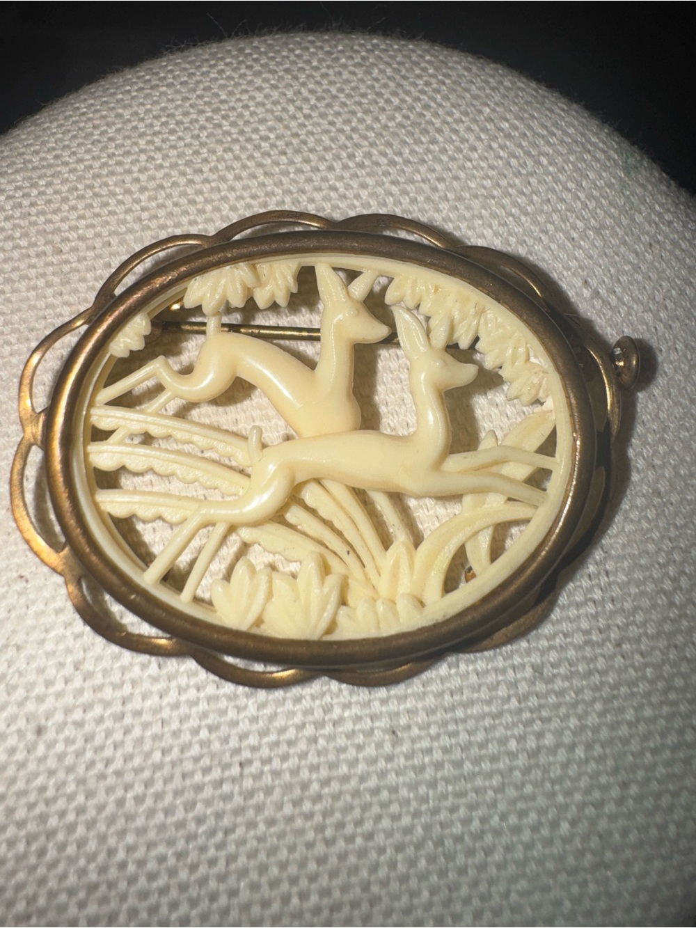 Signed French Depose Art Deco Carved Celluloid Leaping Deer Brooch